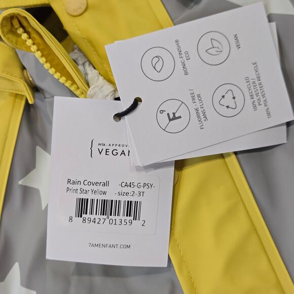 NWT 7AM Rain Coveralls Waterproof Hooded Rainy Star Print Yellow Gray 2-3T - Picture 4 of 9